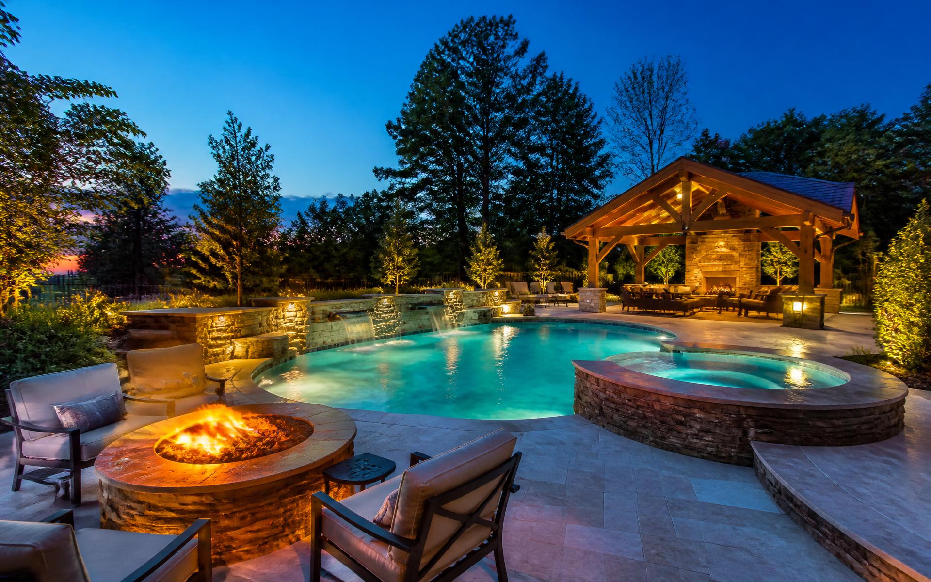 Custom pool at twilight with pavilion in Middle Tennessee